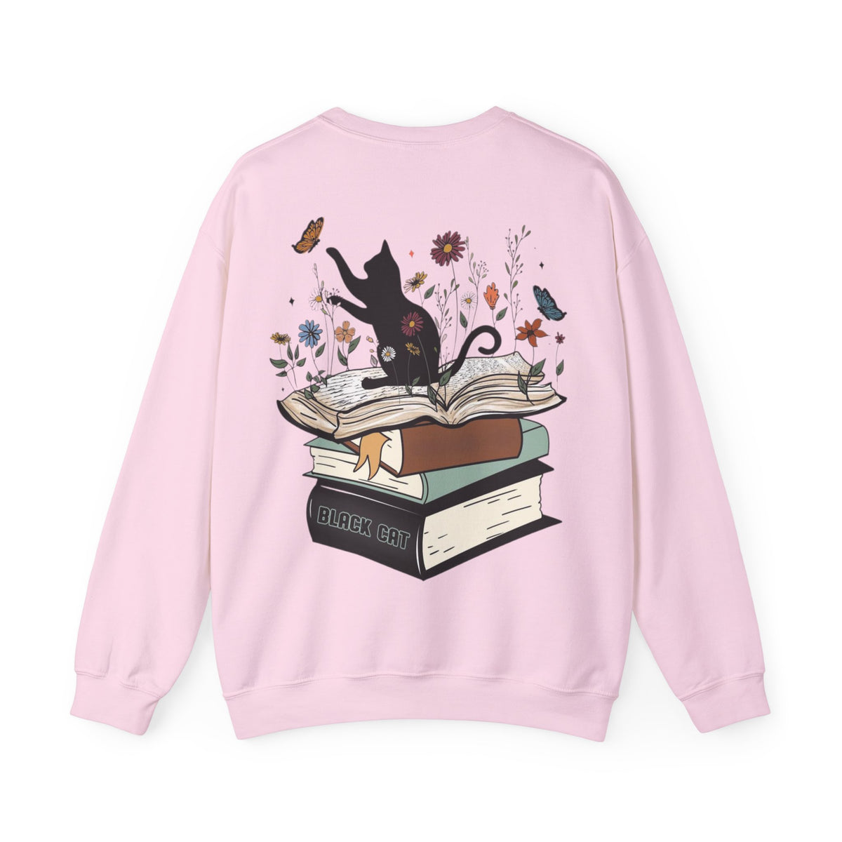 ORVIAN — Life Is Better With Flowers, Cats & Books Crewneck, Black Cat Book Stack Unisex