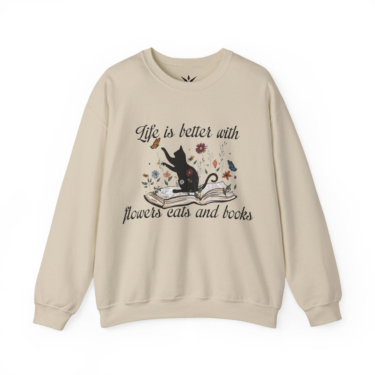 ORVIAN — Life Is Better With Flowers, Cats & Books Crewneck, Black Cat Book Stack Unisex