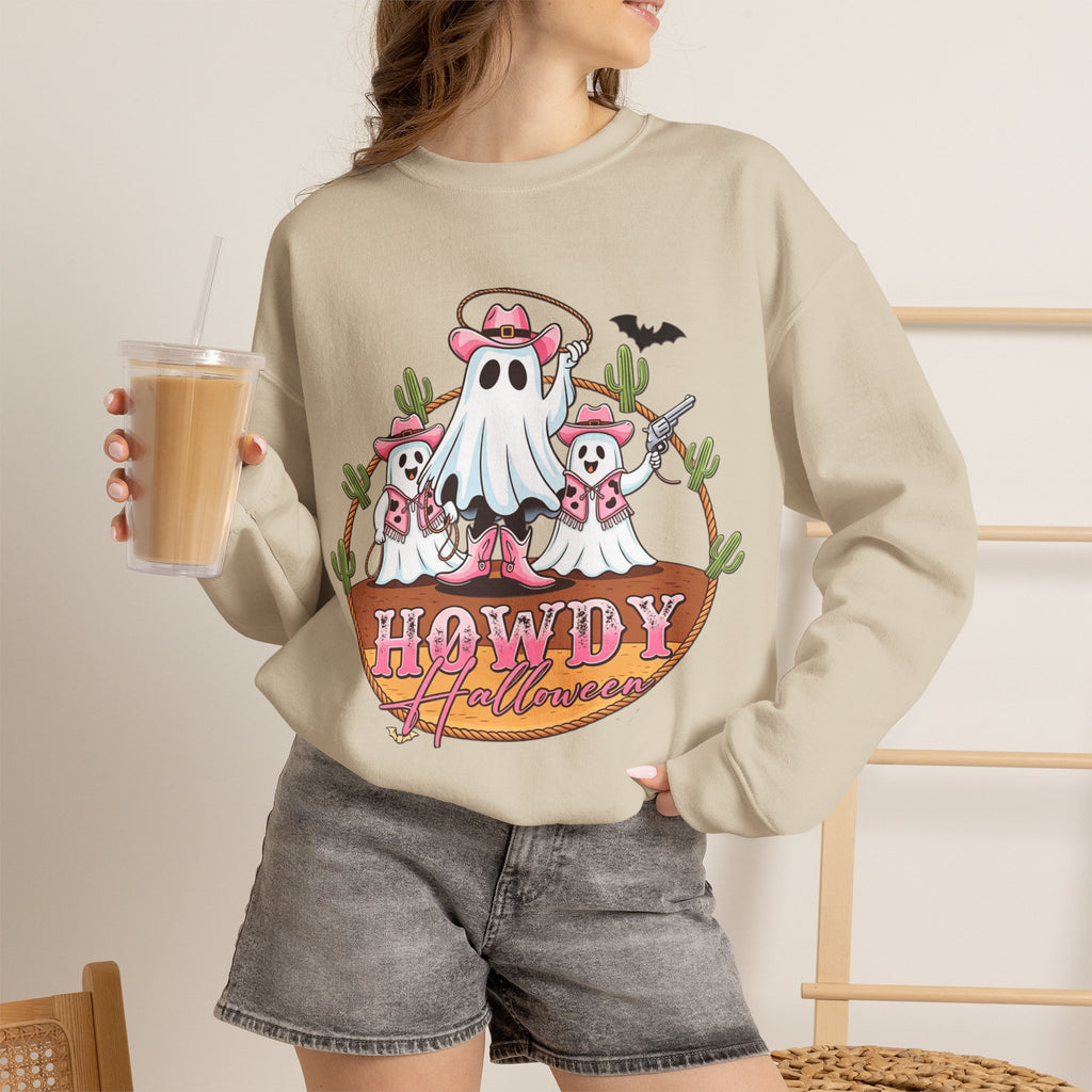 ORVIAN — Howdy Halloween Ghost Cowboy Crewneck, Pink Cowboo Western Unisex Heavy Blend