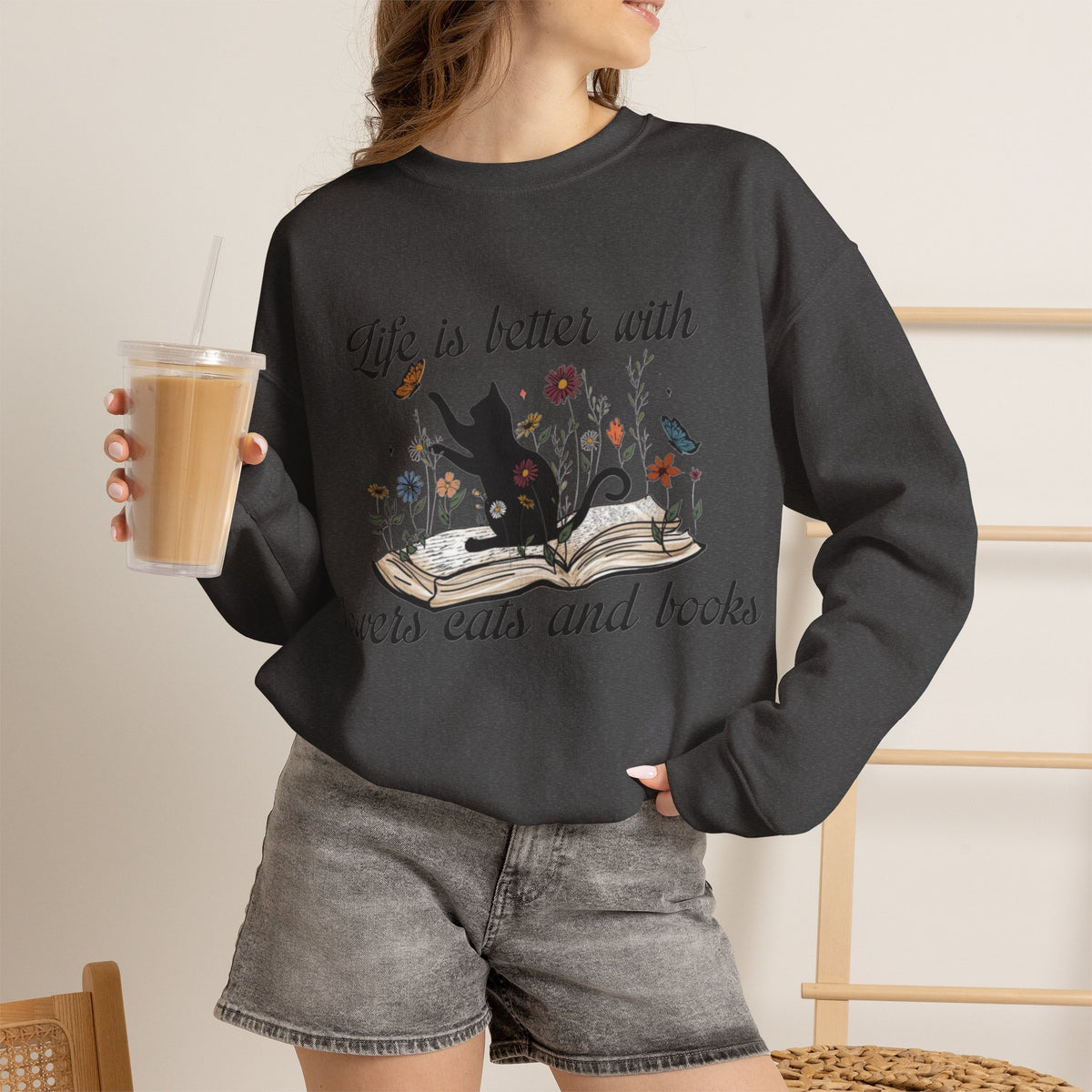 ORVIAN — Life Is Better With Flowers, Cats & Books Crewneck, Black Cat Book Stack Unisex