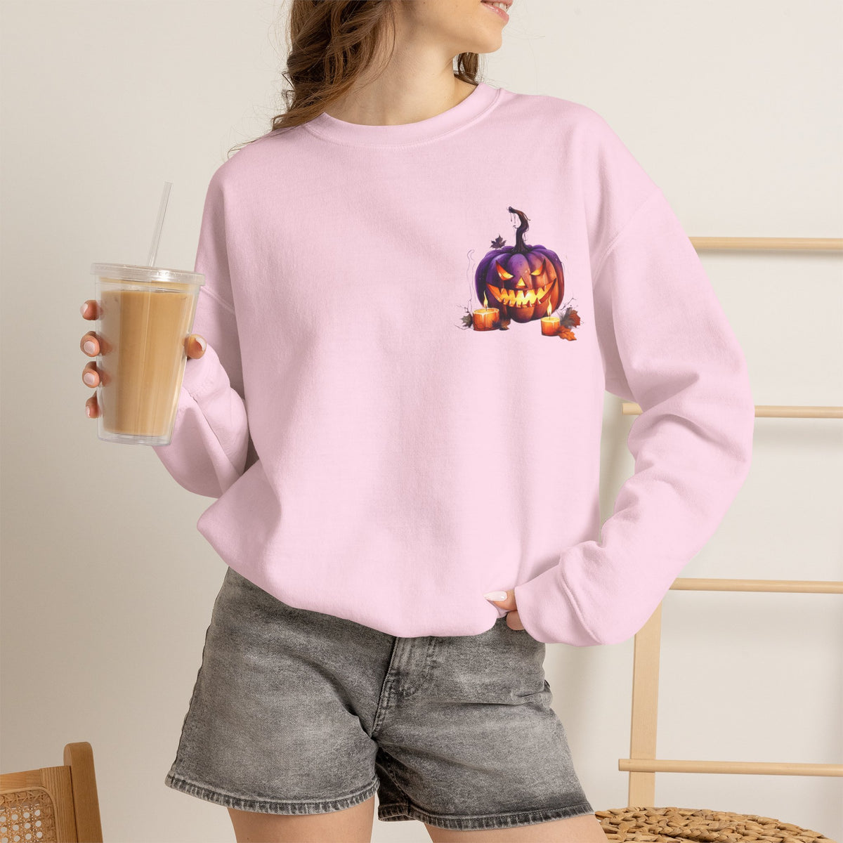 ORVIAN — Watercolor Haunted Castle Halloween Crewneck, Purple Jack-o'-Lantern Unisex Heavy Blend
