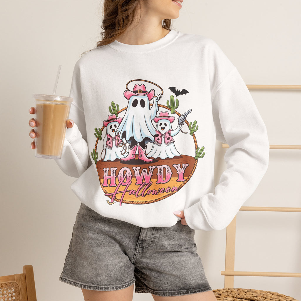 ORVIAN — Howdy Halloween Ghost Cowboy Crewneck, Pink Cowboo Western Unisex Heavy Blend