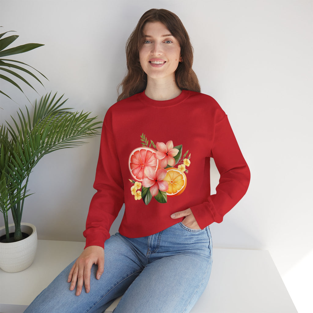 ORVIAN — Tropical Citrus & Pink Floral Crewneck, Grapefruit Orange Watercolor Unisex Heavy Blend