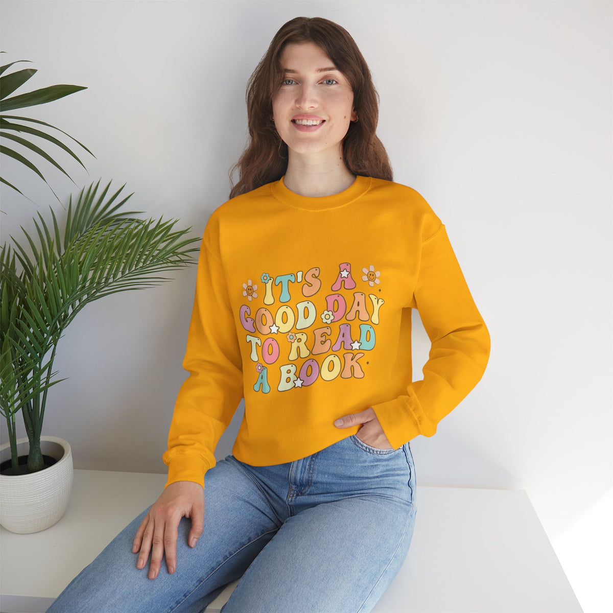 ORVIAN — Good Day to Read a Book Crewneck, Retro Floral Book Lover Sweatshirt Unisex Heavy Blend