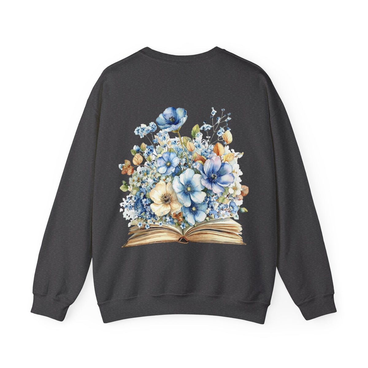 ORVIAN — Blue Watercolor Floral Book Crewneck, Open Book Wildflower Literary Unisex Heavy Blend