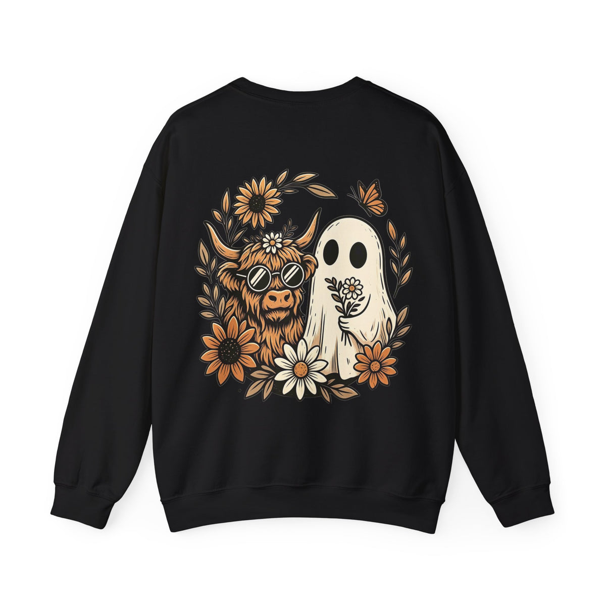 ORVIAN — Highland Cow & Cute Ghost Western Floral Crewneck, Spooky Unisex Sweatshirt
