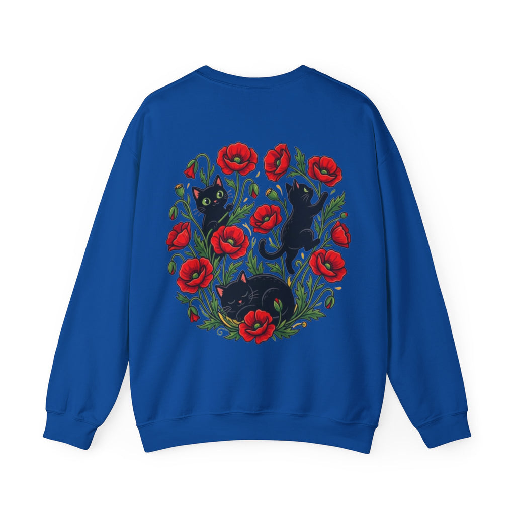ORVIAN — Black Cat & Red Poppies Floral Crewneck, Elegant Nature Unisex Heavy Blend