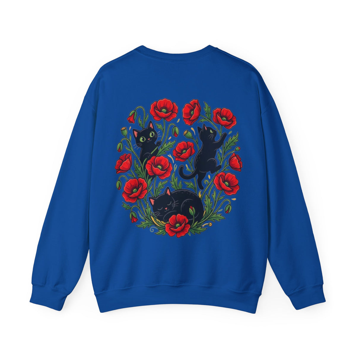ORVIAN — Black Cat & Red Poppies Floral Crewneck, Elegant Nature Unisex Heavy Blend