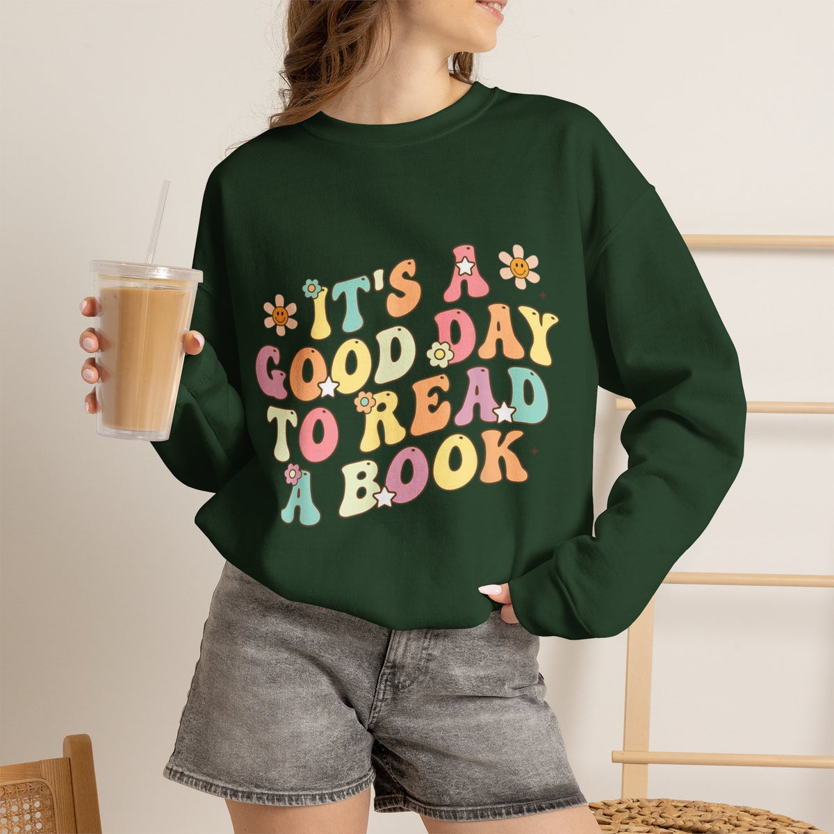 ORVIAN — Good Day to Read a Book Crewneck, Retro Floral Book Lover Sweatshirt Unisex Heavy Blend
