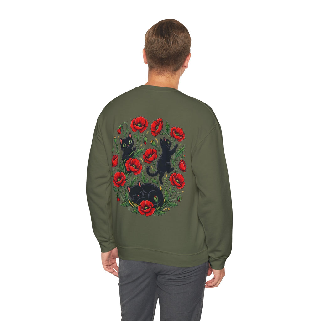 ORVIAN — Black Cat & Red Poppies Floral Crewneck, Elegant Nature Unisex Heavy Blend
