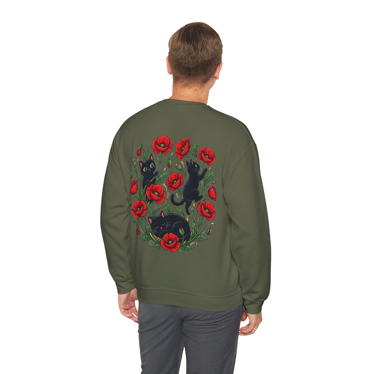 ORVIAN — Black Cat & Red Poppies Floral Crewneck, Elegant Nature Unisex Heavy Blend