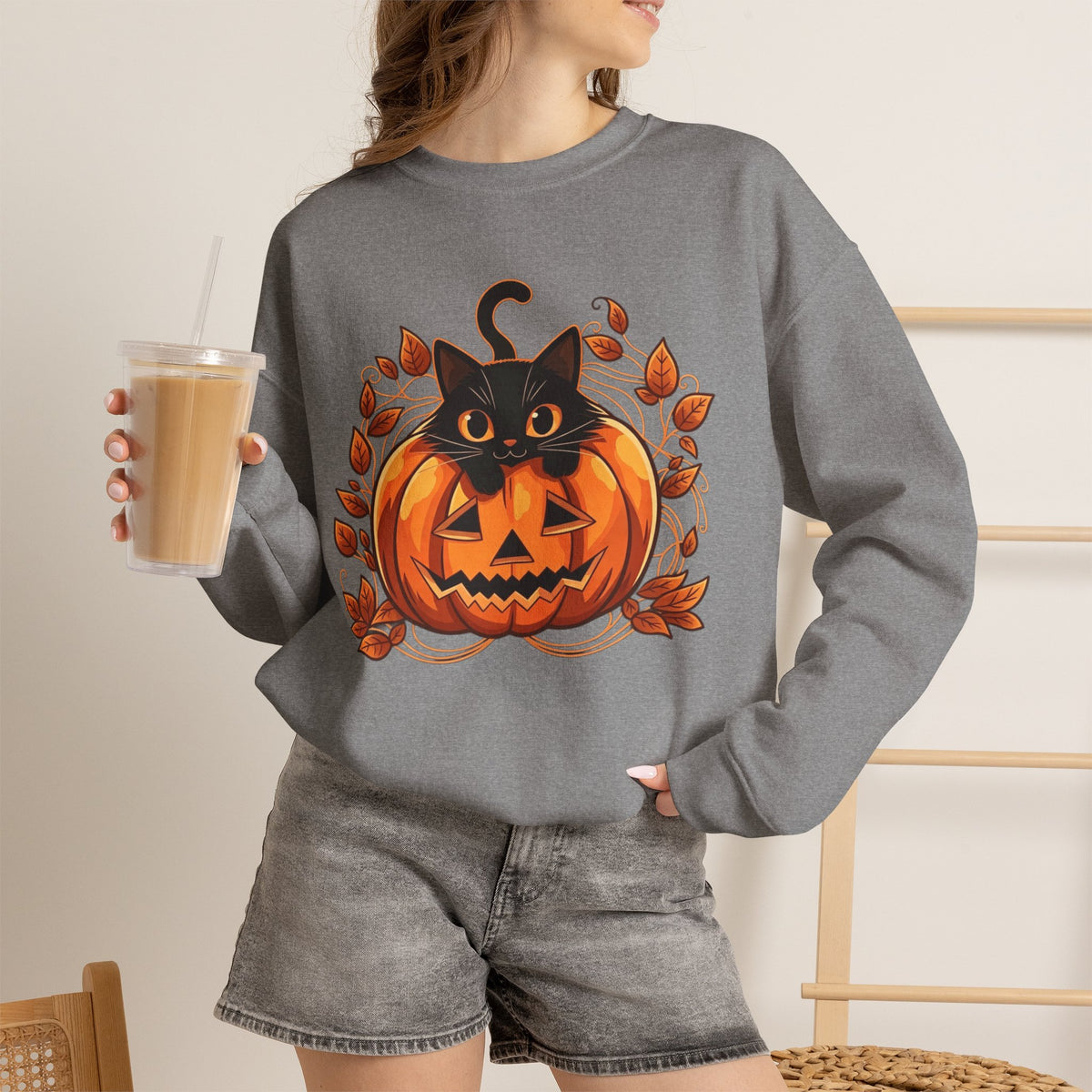 ORVIAN — Black Cat & Pumpkin Halloween Crewneck, Ghost & Coquette Bow Unisex Heavy Blend