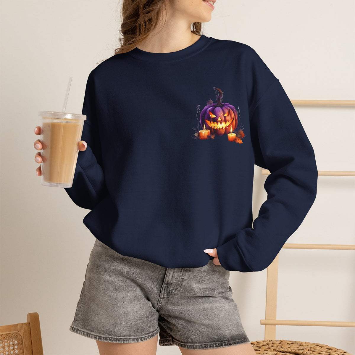 ORVIAN — Watercolor Haunted Castle Halloween Crewneck, Purple Jack-o'-Lantern Unisex Heavy Blend