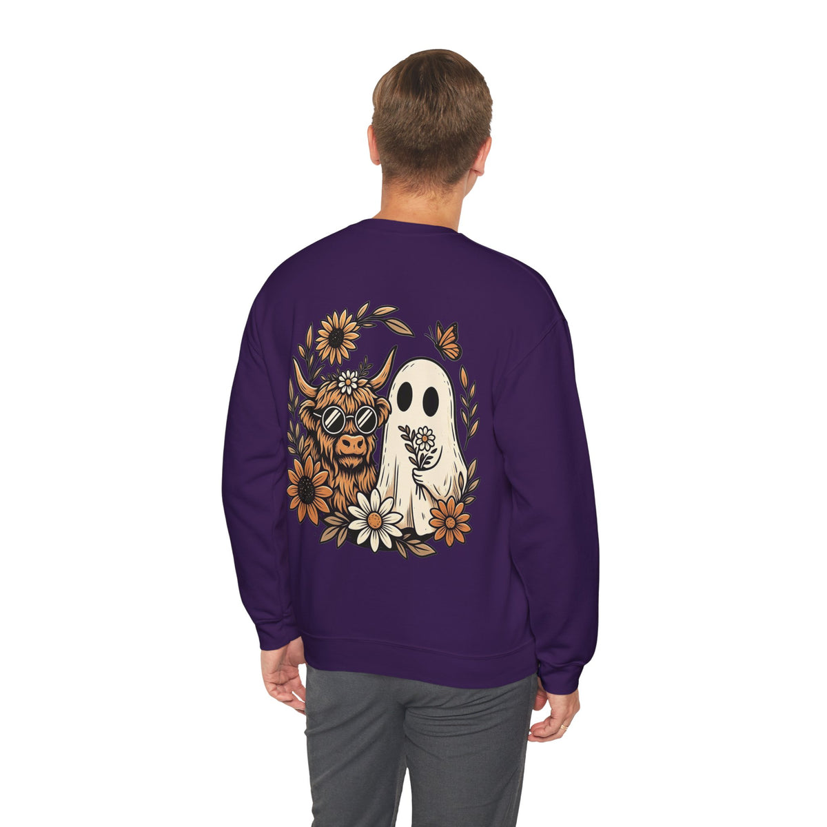 ORVIAN — Highland Cow & Cute Ghost Western Floral Crewneck, Spooky Unisex Sweatshirt