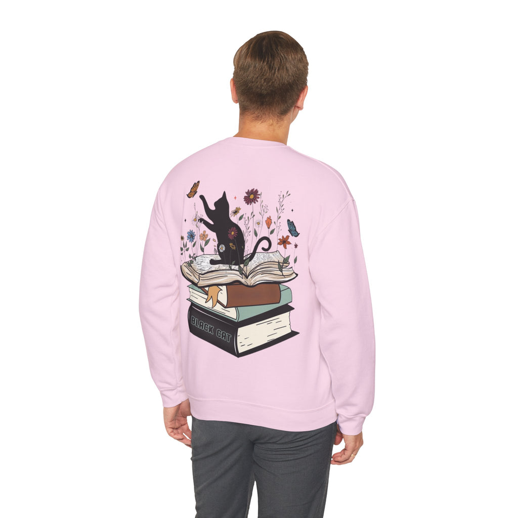 ORVIAN — Life Is Better With Flowers, Cats & Books Crewneck, Black Cat Book Stack Unisex
