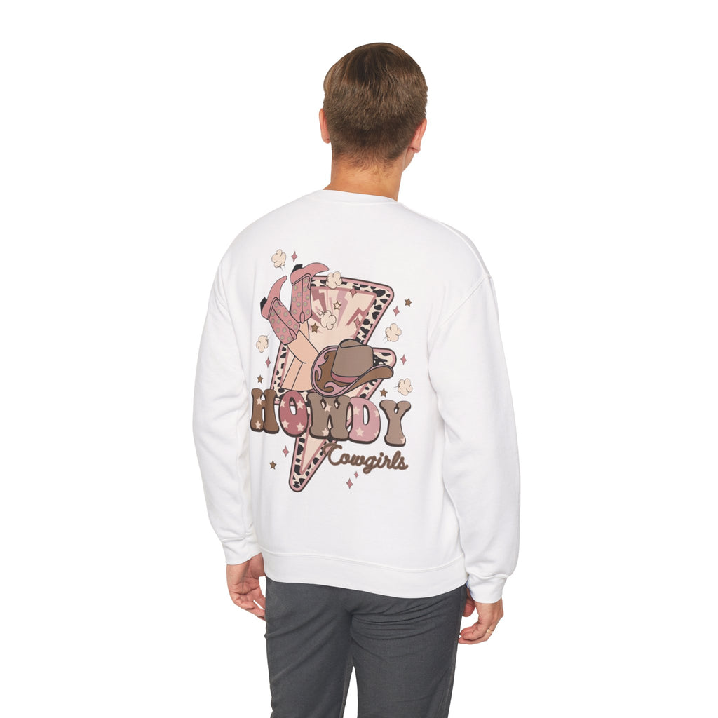 ORVIAN — Howdy Cowgirls Western Crewneck, Leopard Lightning Bolt & Cowgirl Boots Unisex Heavy Blend