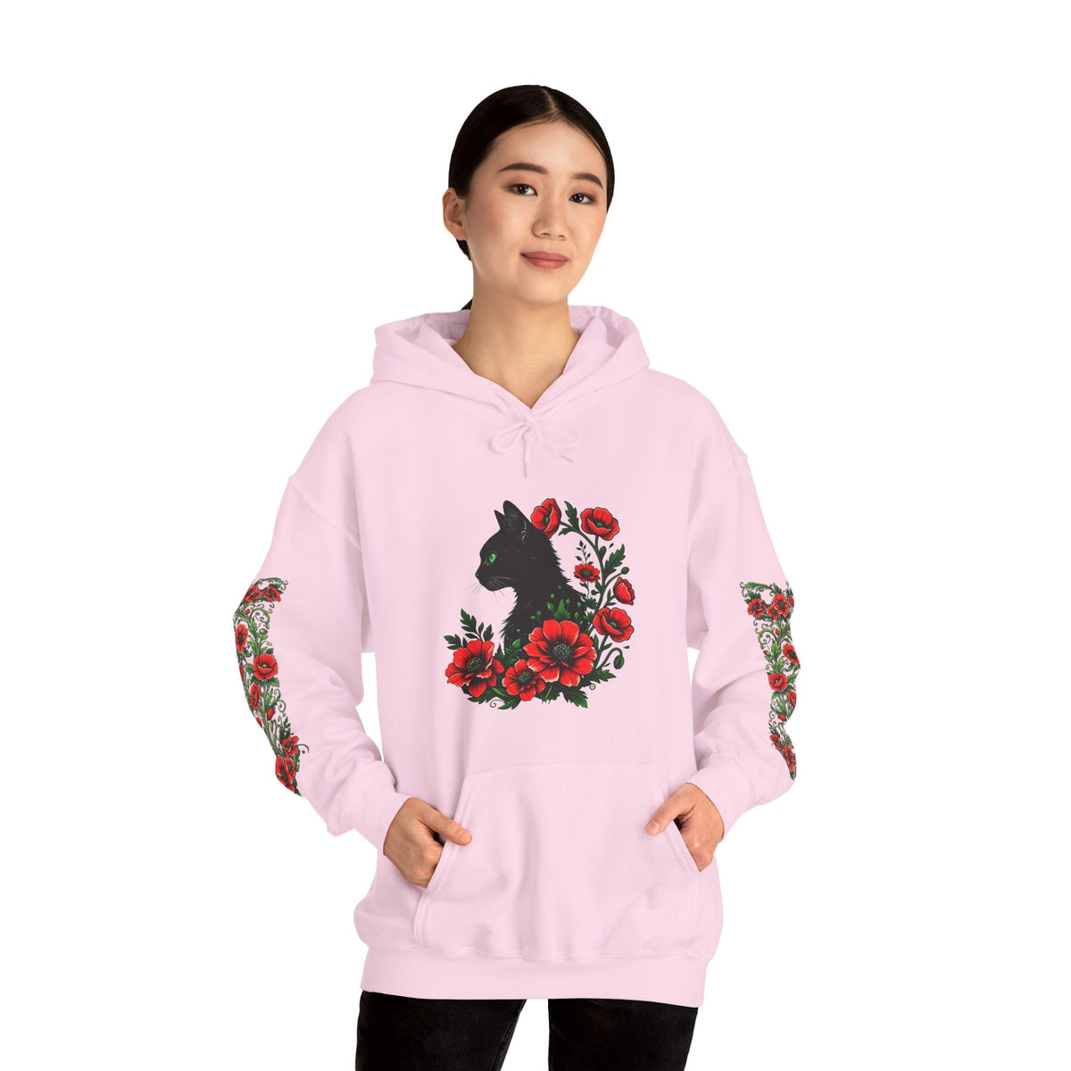 ORVIAN — Black Cat & Red Poppies Unisex Heavy Blend Hoodie