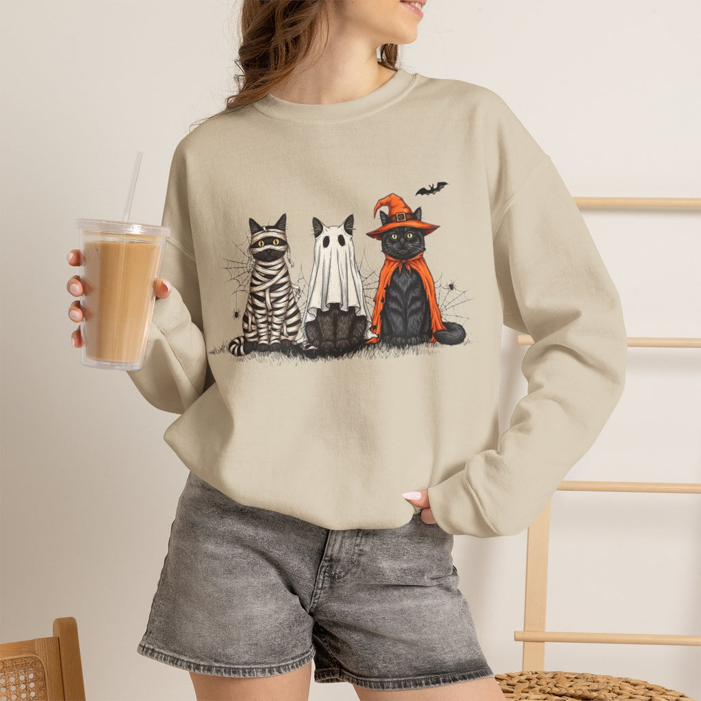 ORVIAN — Halloween Cats & Ghosts Crewneck, Spooky Cute Black Cat Unisex Sweatshirt