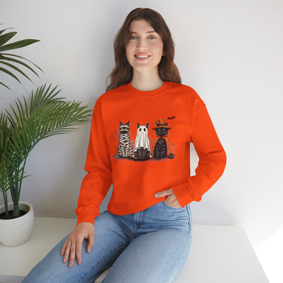 ORVIAN — Halloween Cats & Ghosts Crewneck, Spooky Cute Black Cat Unisex Sweatshirt