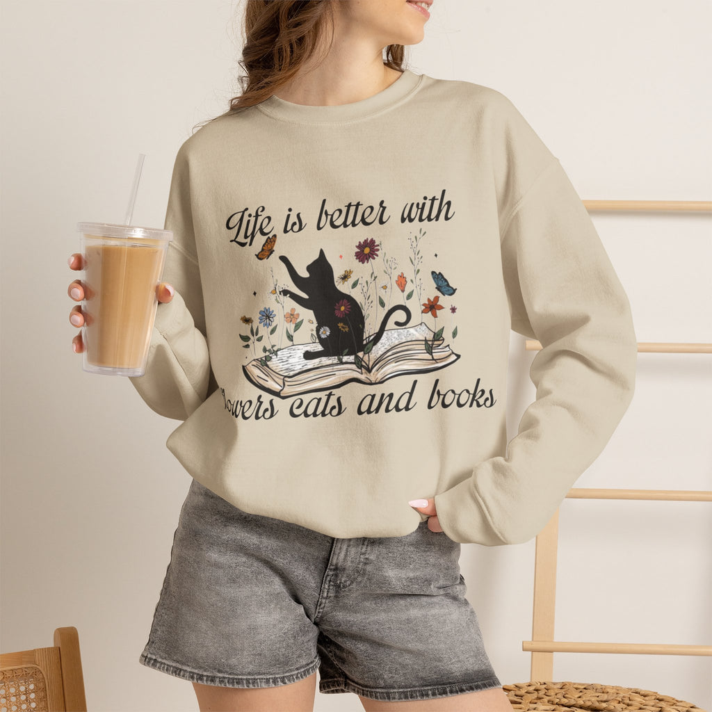 ORVIAN — Life Is Better With Flowers, Cats & Books Crewneck, Black Cat Book Stack Unisex