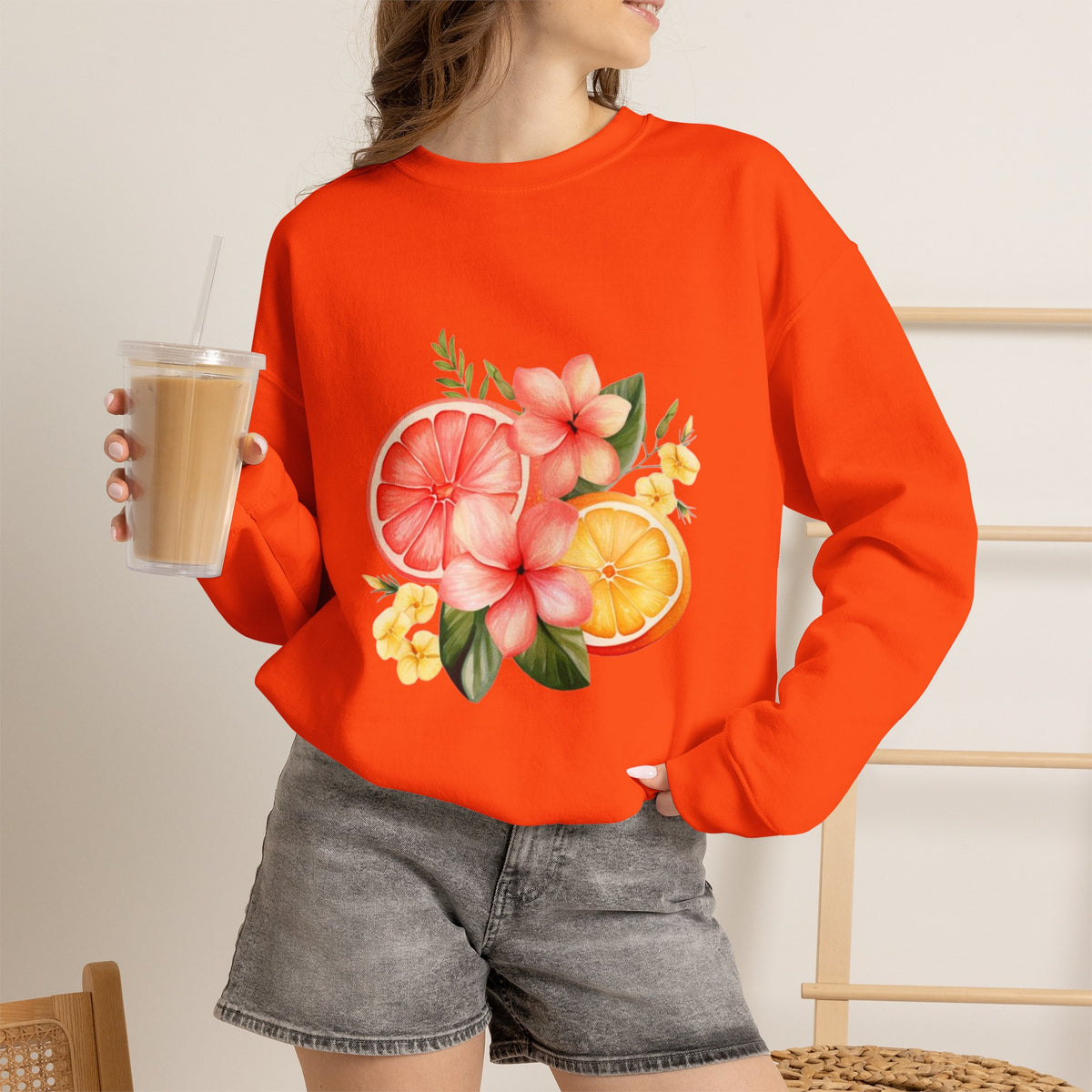 ORVIAN — Tropical Citrus & Pink Floral Crewneck, Grapefruit Orange Watercolor Unisex Heavy Blend