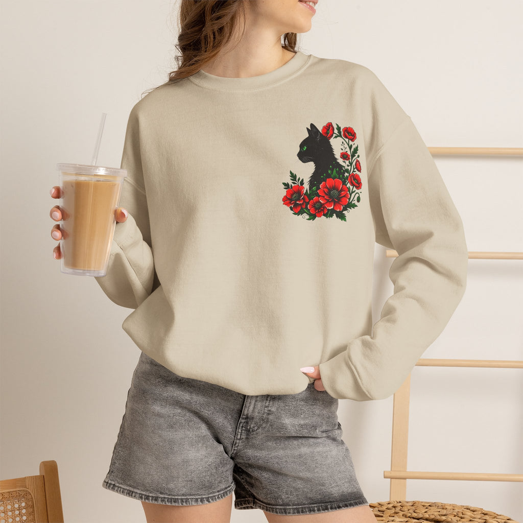 ORVIAN — Black Cat & Red Poppies Floral Crewneck, Elegant Nature Unisex Heavy Blend