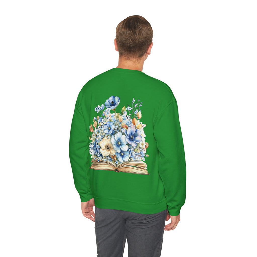 ORVIAN — Blue Watercolor Floral Book Crewneck, Open Book Wildflower Literary Unisex Heavy Blend