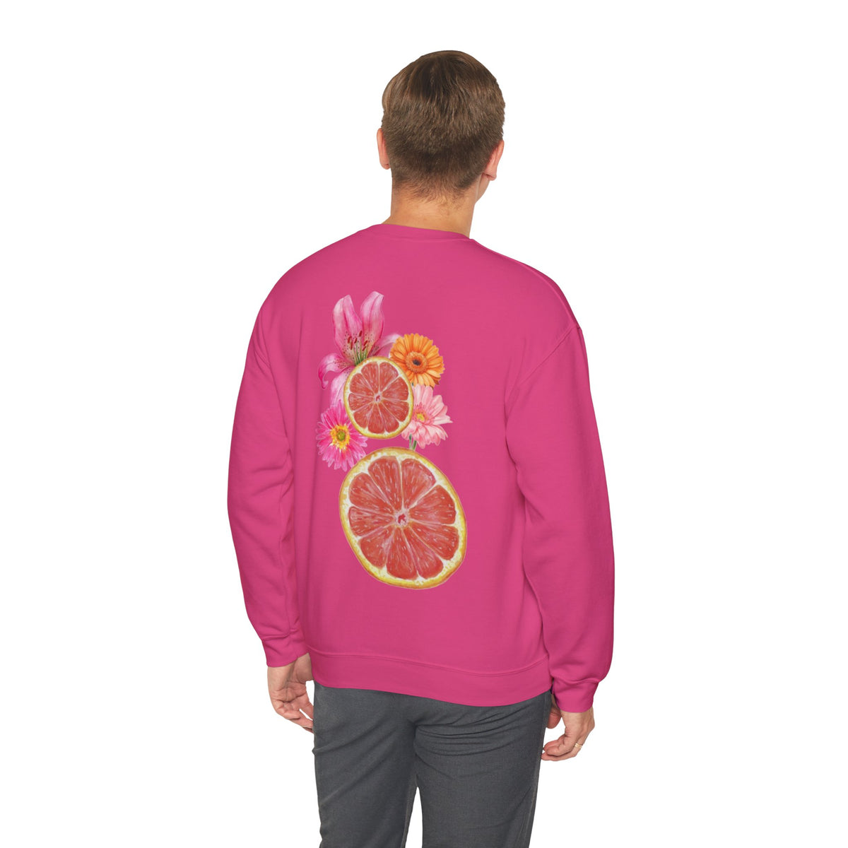 ORVIAN — Tropical Citrus & Pink Floral Crewneck, Grapefruit Orange Watercolor Unisex Heavy Blend