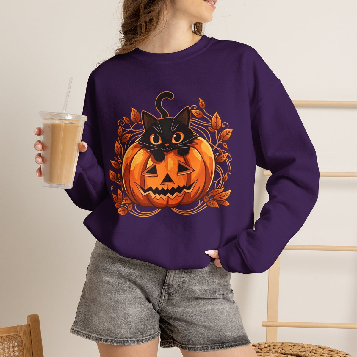 ORVIAN — Black Cat & Pumpkin Halloween Crewneck, Ghost & Coquette Bow Unisex Heavy Blend