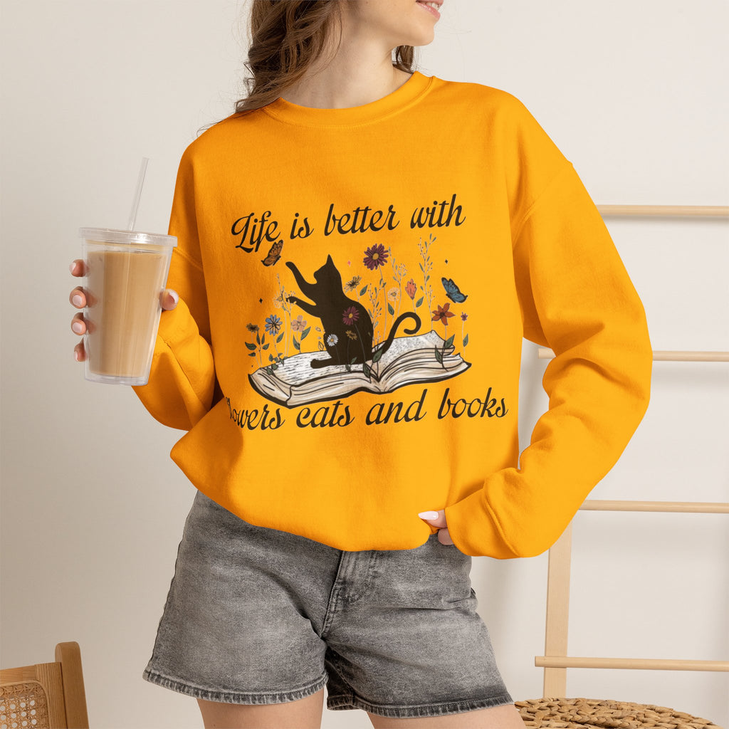 ORVIAN — Life Is Better With Flowers, Cats & Books Crewneck, Black Cat Book Stack Unisex