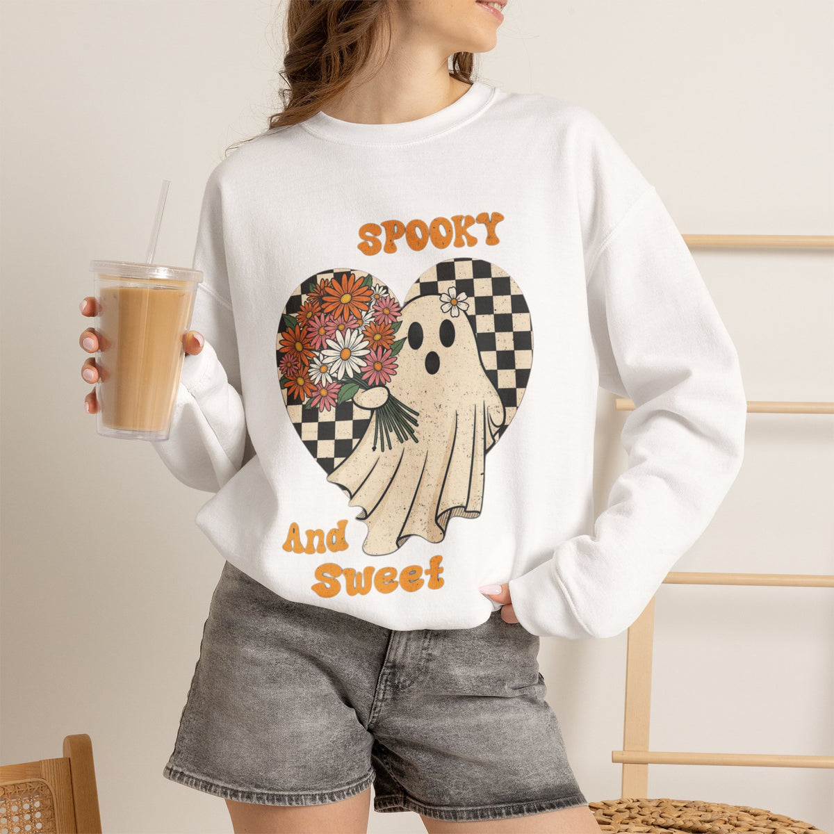 ORVIAN — Spooky & Sweet Ghost Crewneck, Coquette Bow Heart Halloween Unisex Sweatshirt
