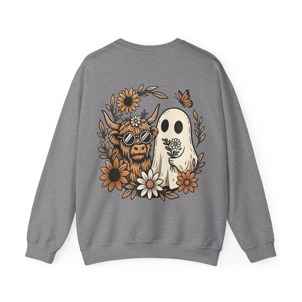 ORVIAN — Highland Cow & Cute Ghost Western Floral Crewneck, Spooky Unisex Sweatshirt