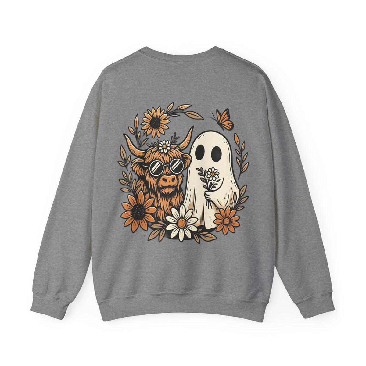 ORVIAN — Highland Cow & Cute Ghost Western Floral Crewneck, Spooky Unisex Sweatshirt
