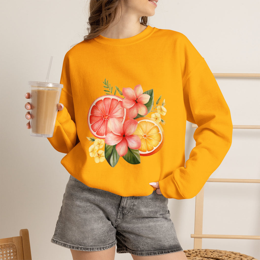 ORVIAN — Tropical Citrus & Pink Floral Crewneck, Grapefruit Orange Watercolor Unisex Heavy Blend