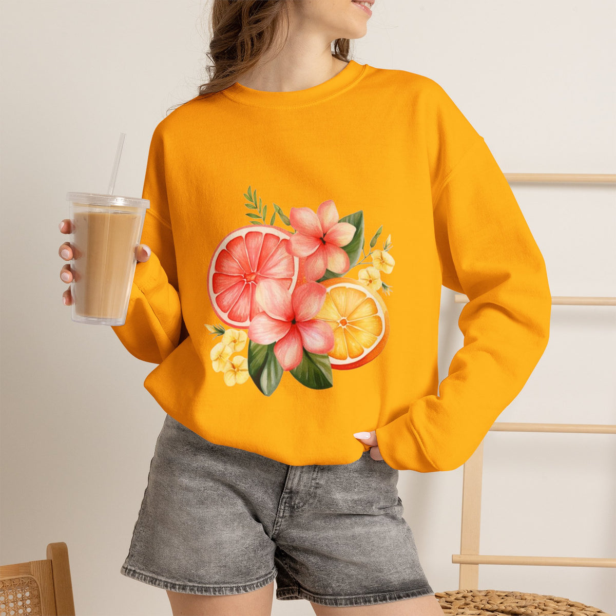 ORVIAN — Tropical Citrus & Pink Floral Crewneck, Grapefruit Orange Watercolor Unisex Heavy Blend