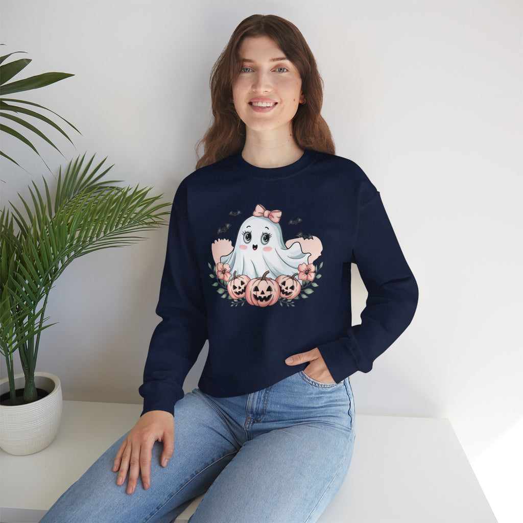 ORVIAN — Pink Halloween Coquette Ghost Crewneck, Bow & Pumpkin Unisex Heavy Blend