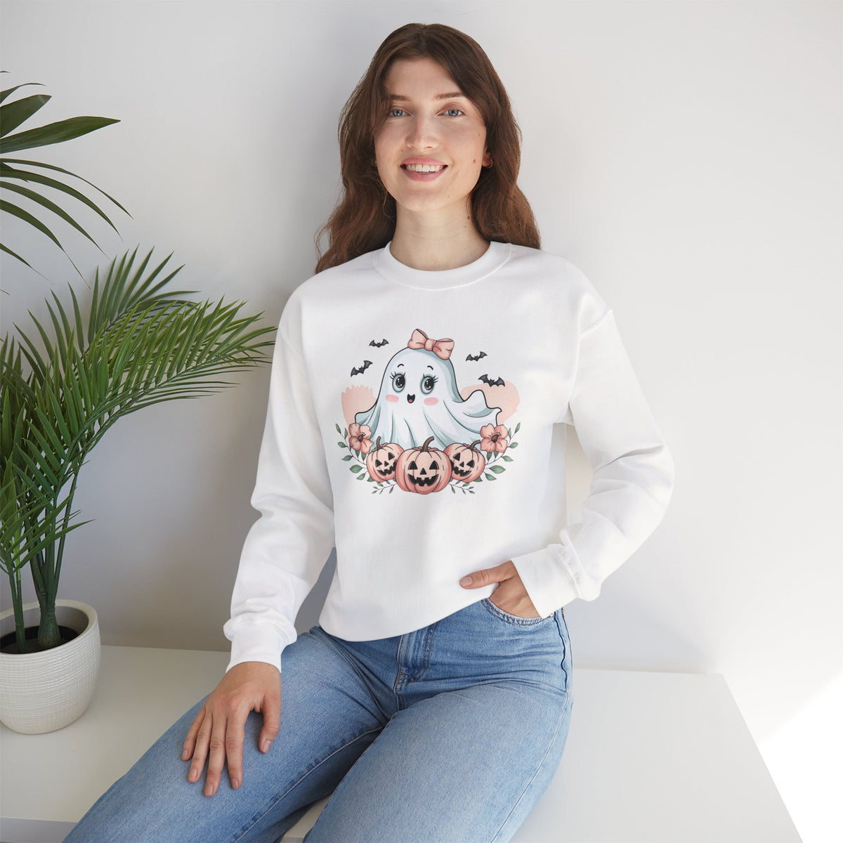 ORVIAN — Pink Halloween Coquette Ghost Crewneck, Bow & Pumpkin Unisex Heavy Blend