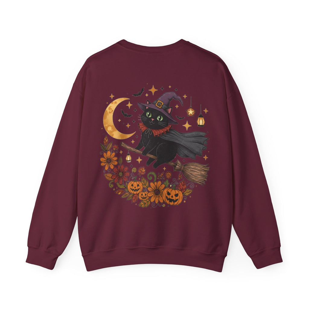 ORVIAN — Witch Cat Halloween Crewneck, Flying Black Cat & Pumpkin Patch Unisex Sweatshirt