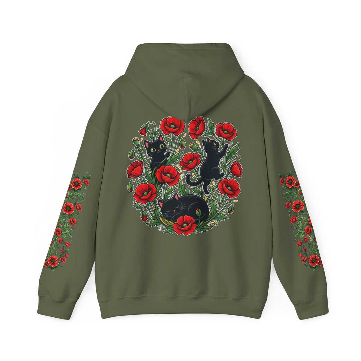 ORVIAN — Black Cat & Red Poppies Unisex Heavy Blend Hoodie