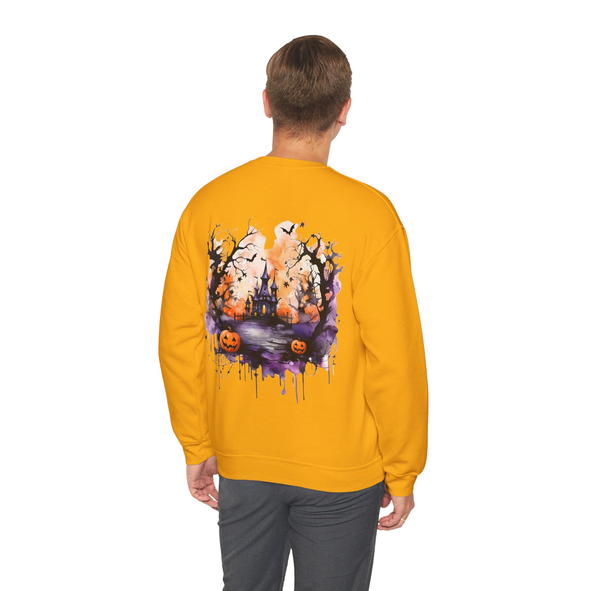 ORVIAN — Watercolor Haunted Castle Halloween Crewneck, Purple Jack-o'-Lantern Unisex Heavy Blend