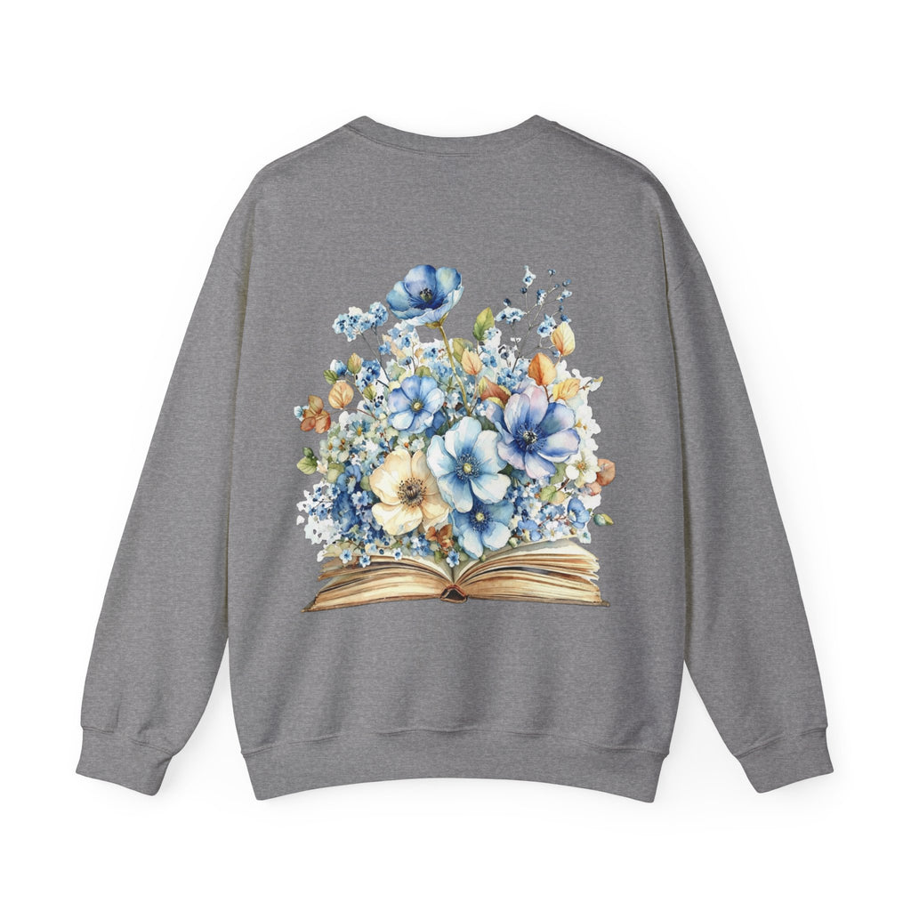 ORVIAN — Blue Watercolor Floral Book Crewneck, Open Book Wildflower Literary Unisex Heavy Blend