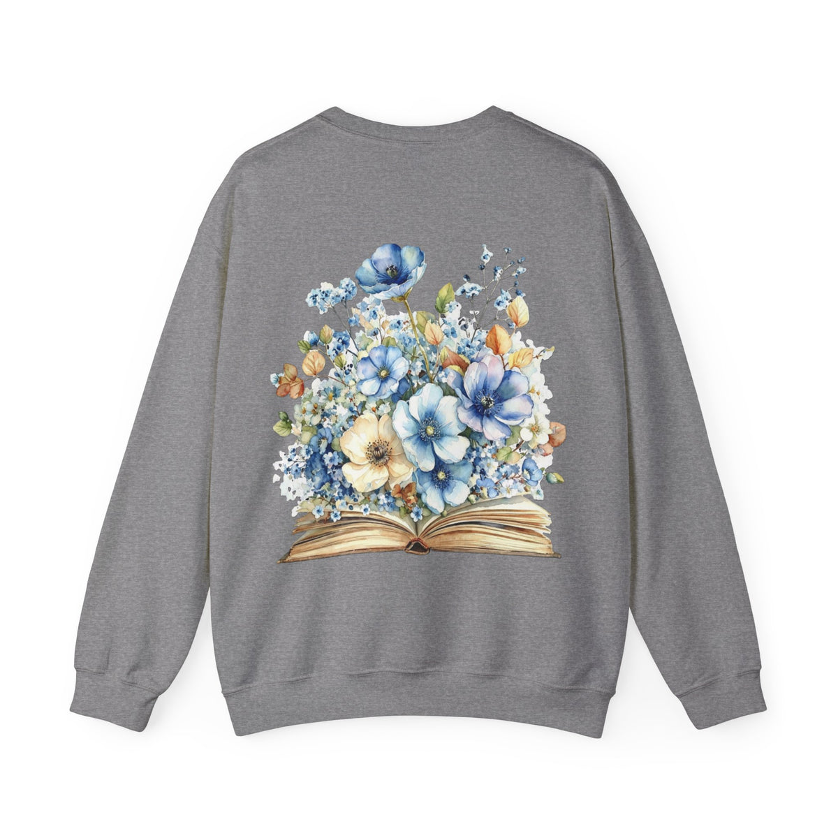 ORVIAN — Blue Watercolor Floral Book Crewneck, Open Book Wildflower Literary Unisex Heavy Blend
