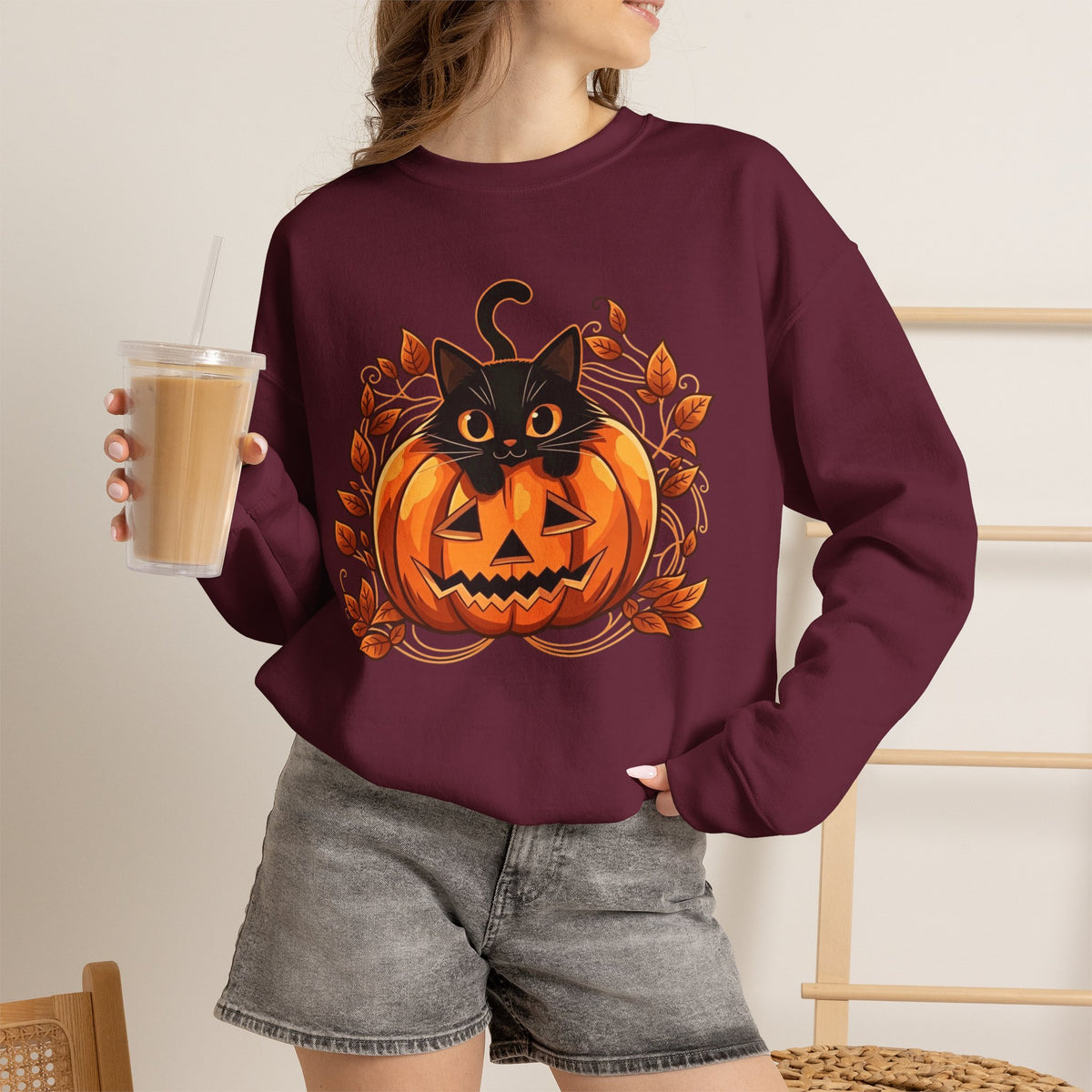 ORVIAN — Black Cat & Pumpkin Halloween Crewneck, Ghost & Coquette Bow Unisex Heavy Blend