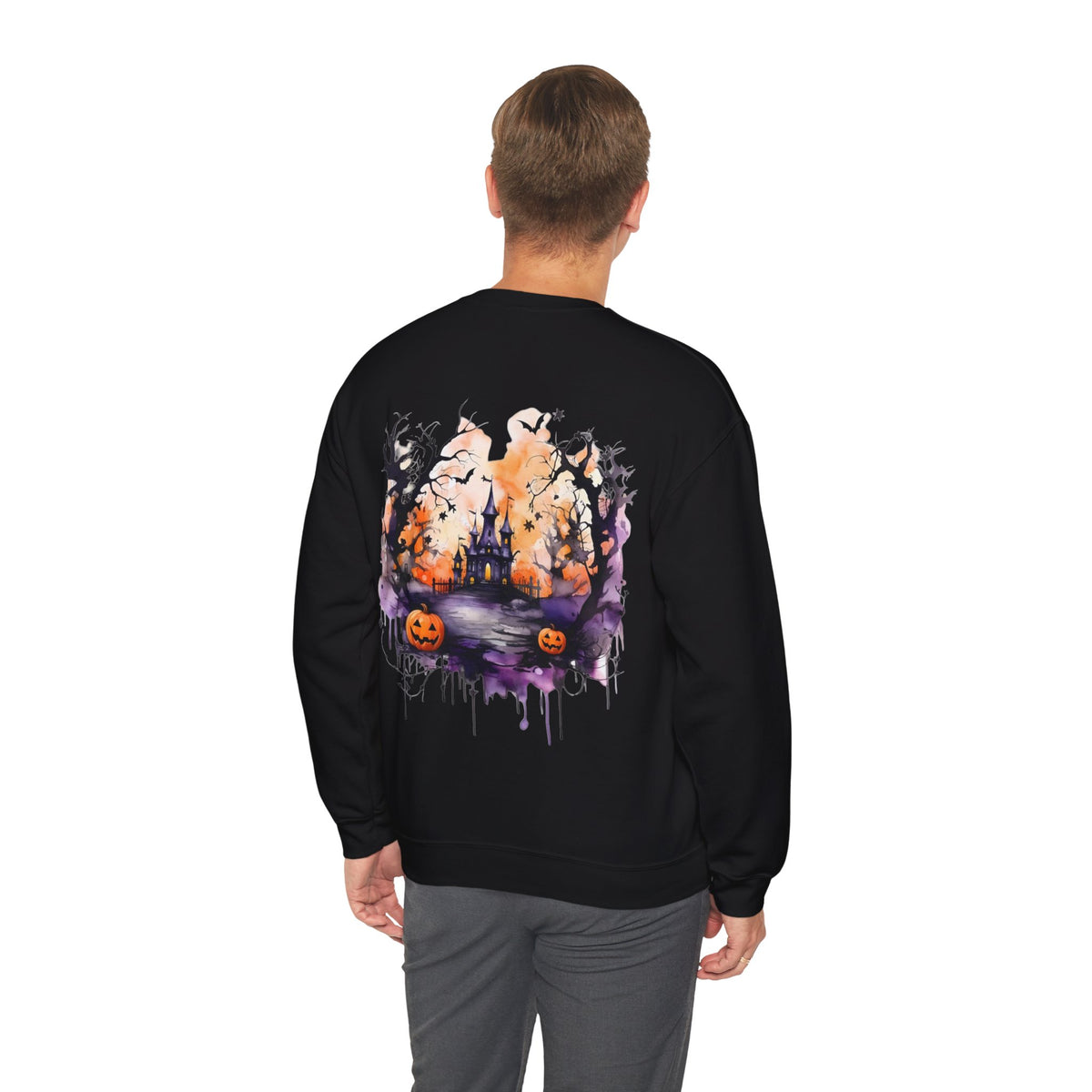 ORVIAN — Watercolor Haunted Castle Halloween Crewneck, Purple Jack-o'-Lantern Unisex Heavy Blend