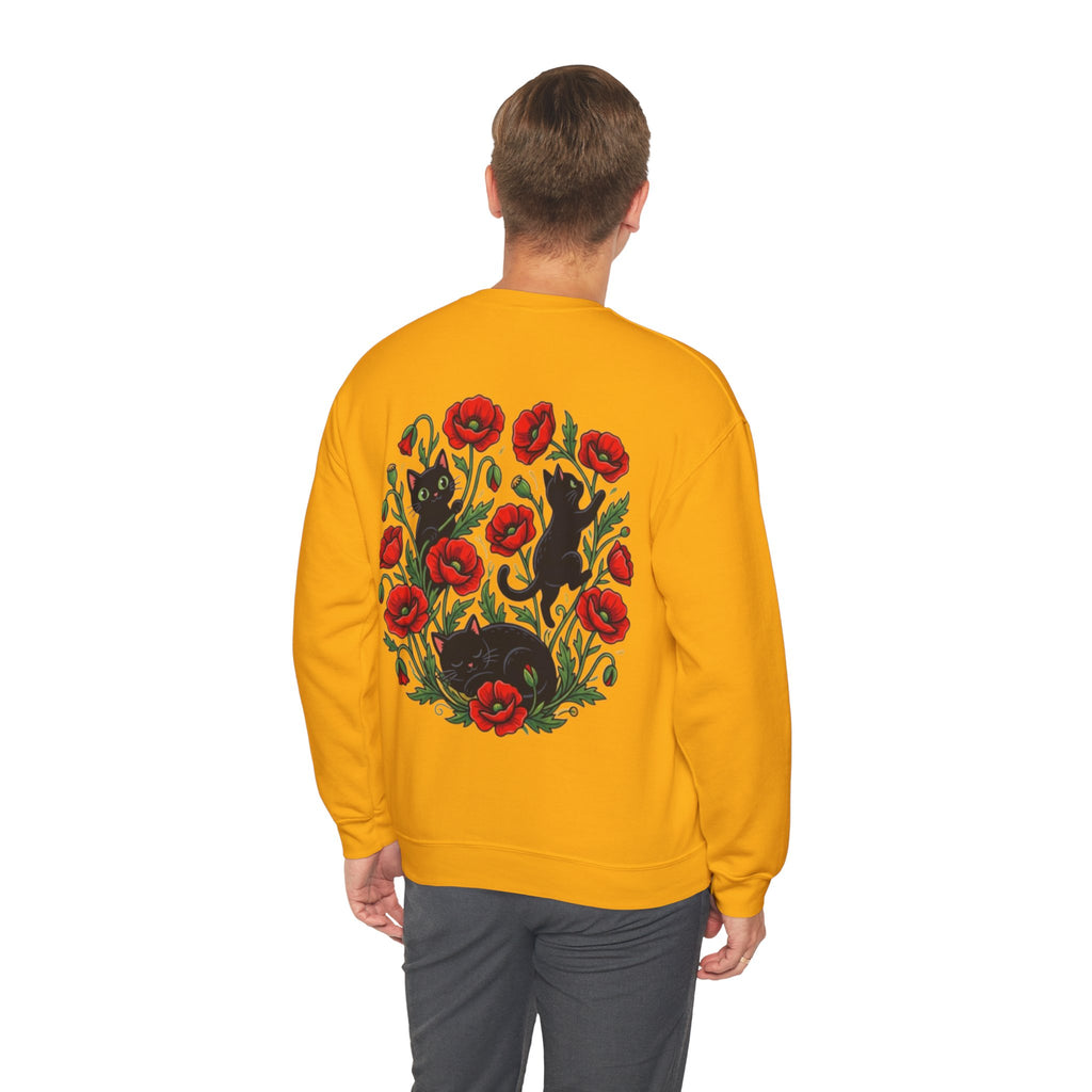 ORVIAN — Black Cat & Red Poppies Floral Crewneck, Elegant Nature Unisex Heavy Blend