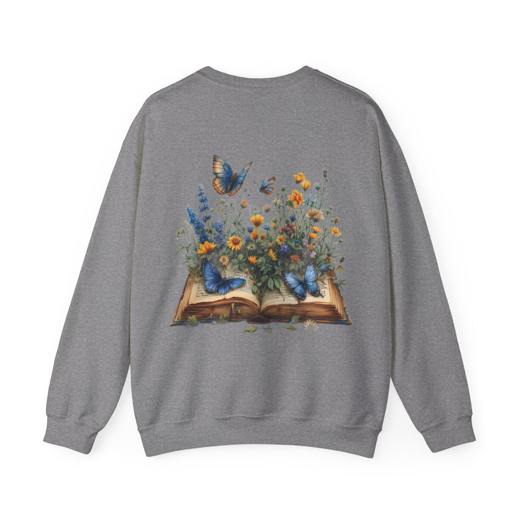 ORVIAN — Watercolor Floral Book & Butterfly Crewneck, Literary Nature Unisex Heavy Blend