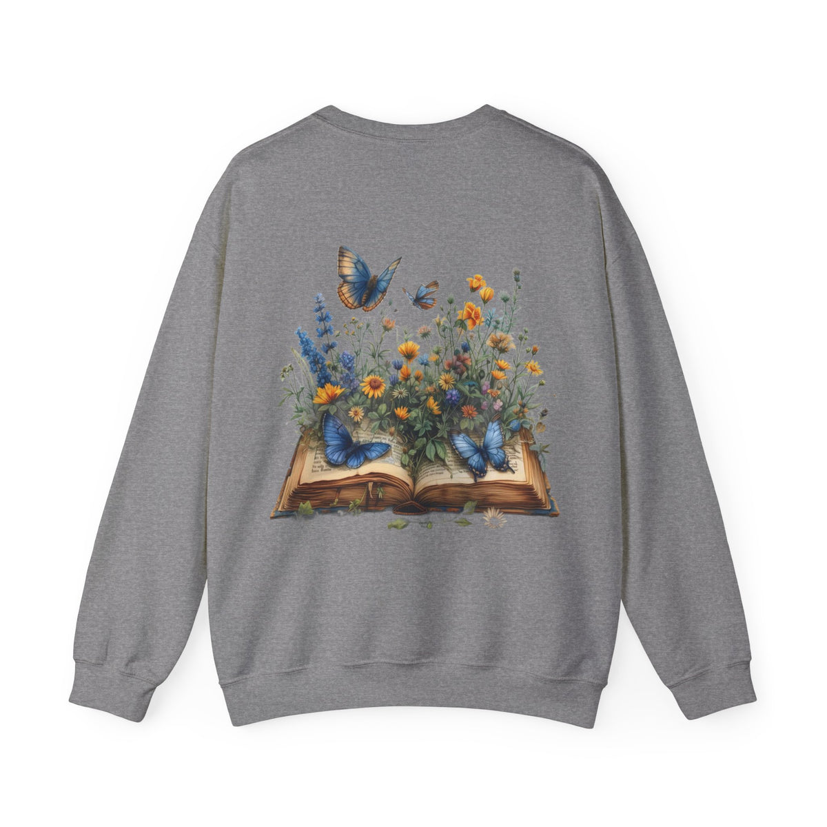 ORVIAN — Watercolor Floral Book & Butterfly Crewneck, Literary Nature Unisex Heavy Blend