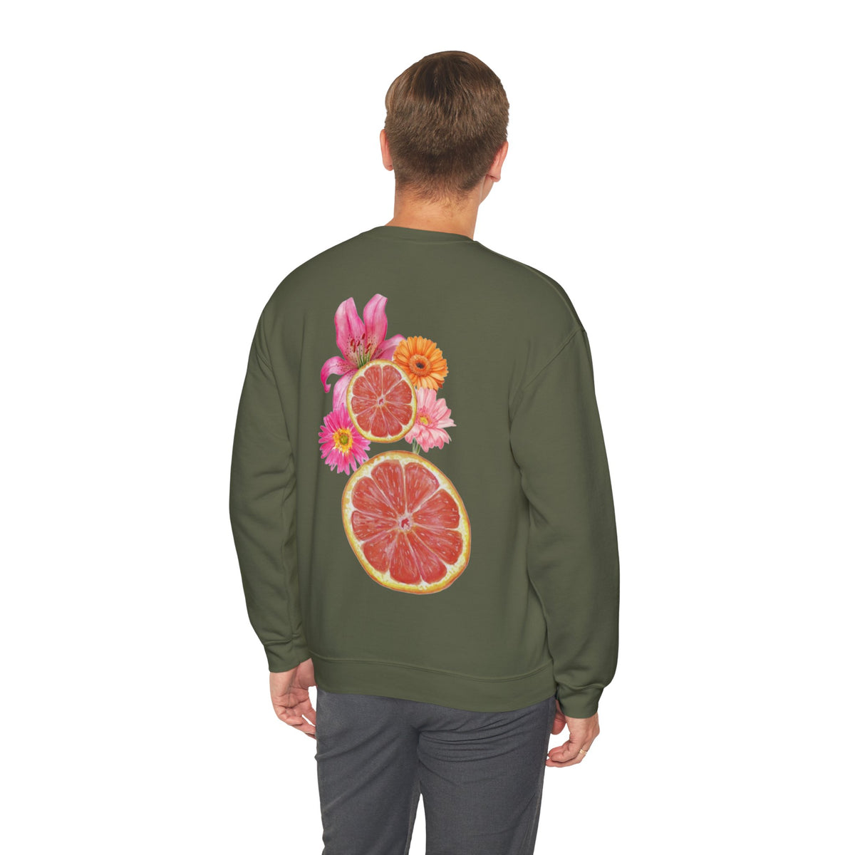 ORVIAN — Tropical Citrus & Pink Floral Crewneck, Grapefruit Orange Watercolor Unisex Heavy Blend