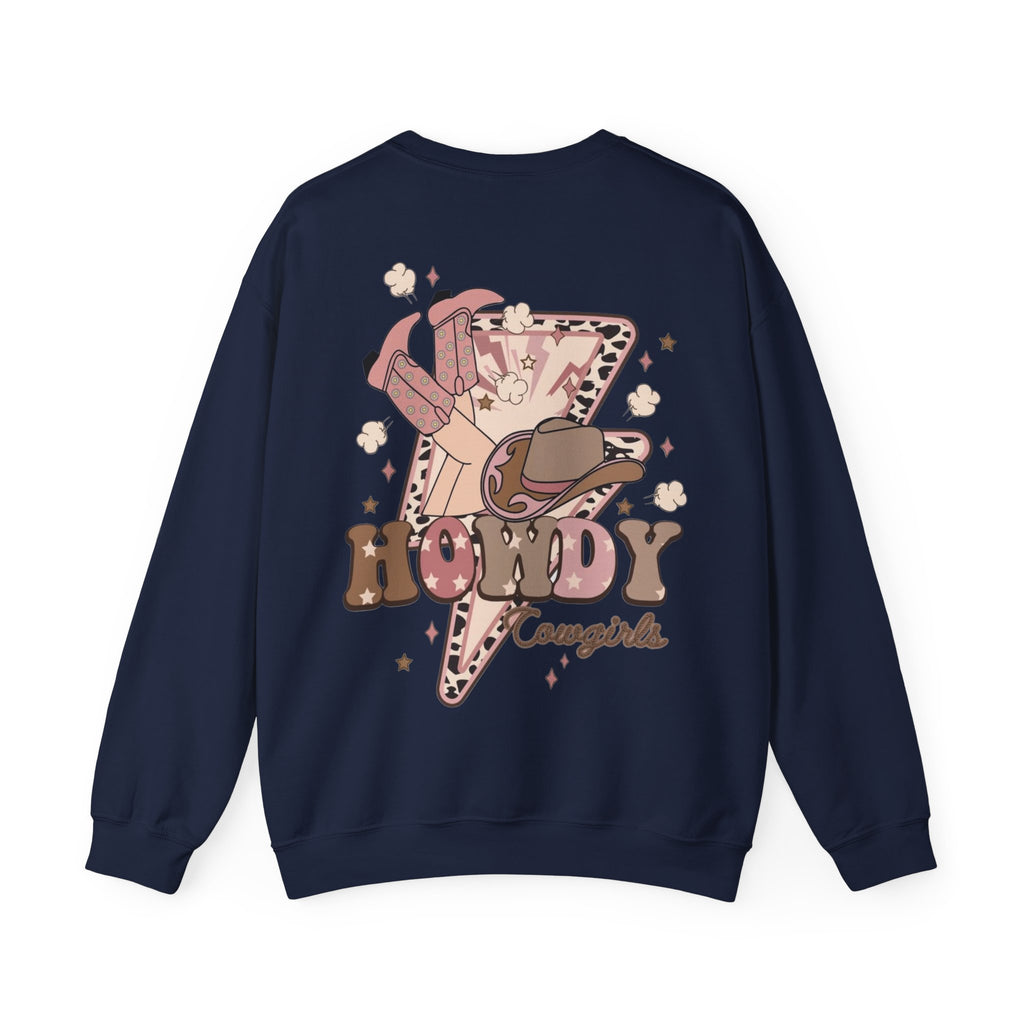 ORVIAN — Howdy Cowgirls Western Crewneck, Leopard Lightning Bolt & Cowgirl Boots Unisex Heavy Blend