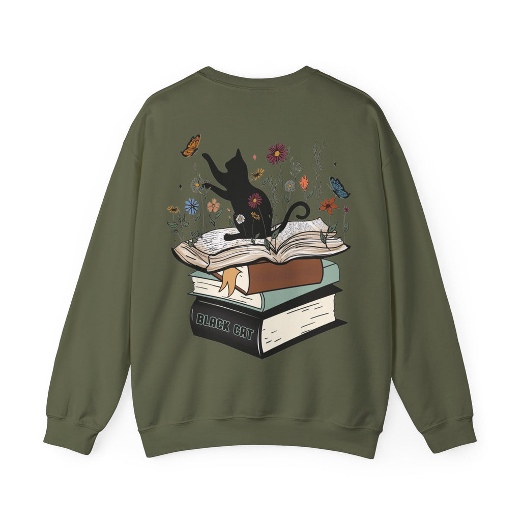 ORVIAN — Life Is Better With Flowers, Cats & Books Crewneck, Black Cat Book Stack Unisex